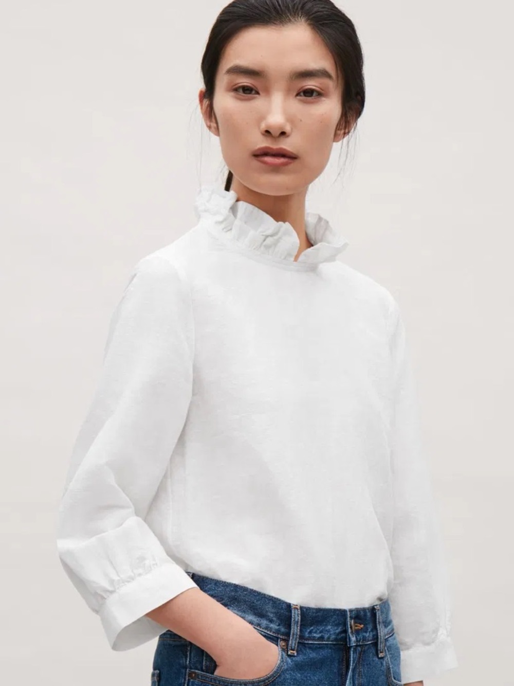 COS Linen Blend Frill Neck Blouse Tie Back Long Sleeve Size 8